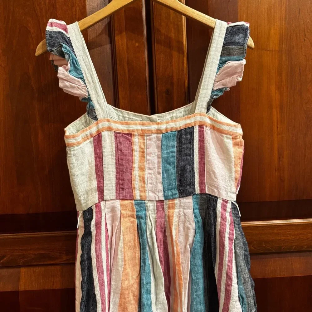 J.Crew 100% Linen Striped Midi Dress Ruffle Strap Button Front No Belt Size 2